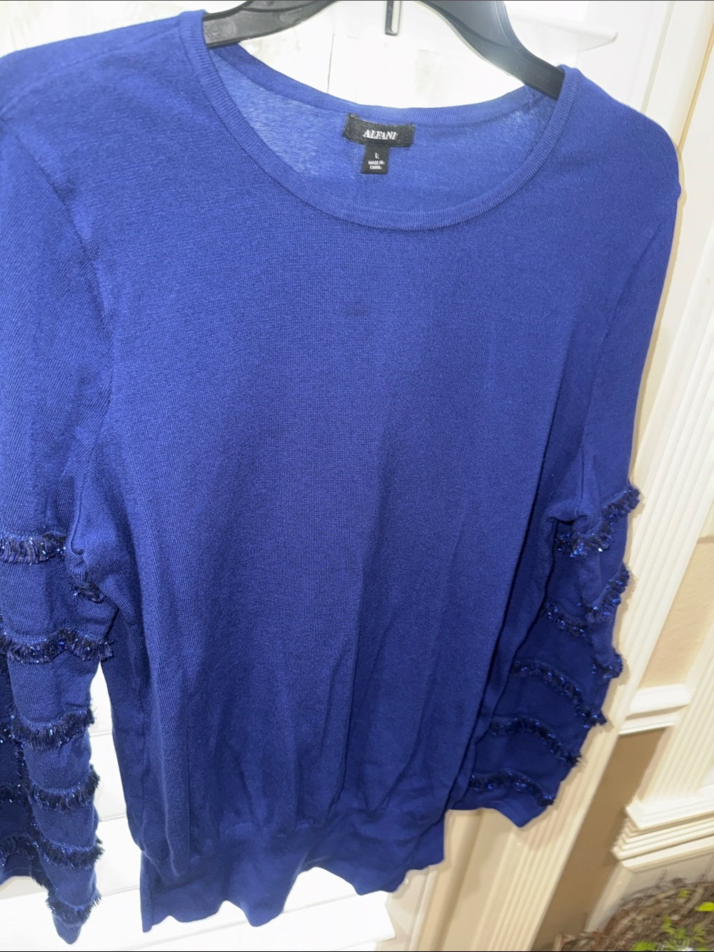 Alfani Cobalt Blue Long Sleeve Crewneck Sweater with Ruffle Trim